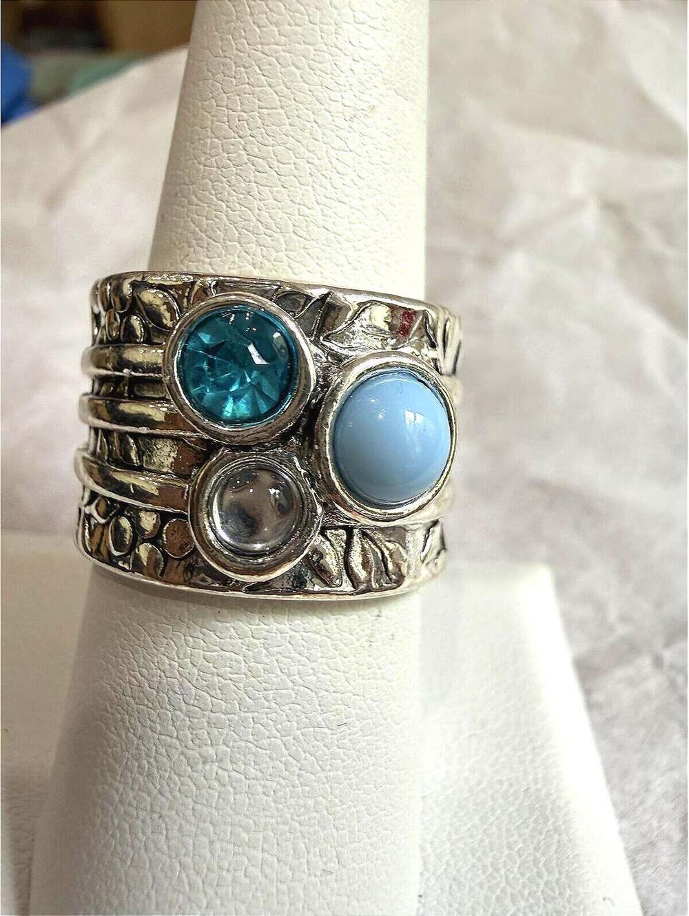 Silver Tone Ring with Blue and Clear Stones 7.5 Size